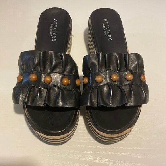 ateliers platform striped ruffle studded leather sandal made in Italy sz 39 - Picture 3 of 14